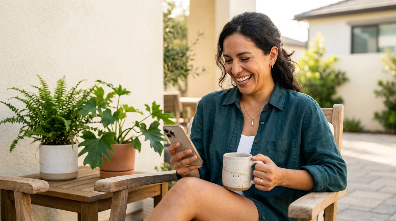 Business admin checking her phone with a coffee on her patio